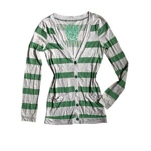Y2K Preppy Striped Jersey‎ Cardigan Womens Size S Green Longline Pockets Grandpa